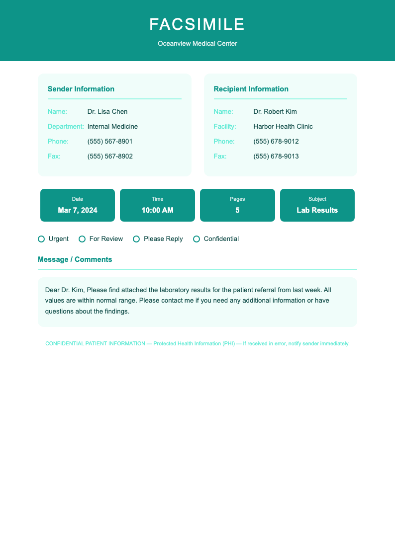 Teal ocean fax cover page